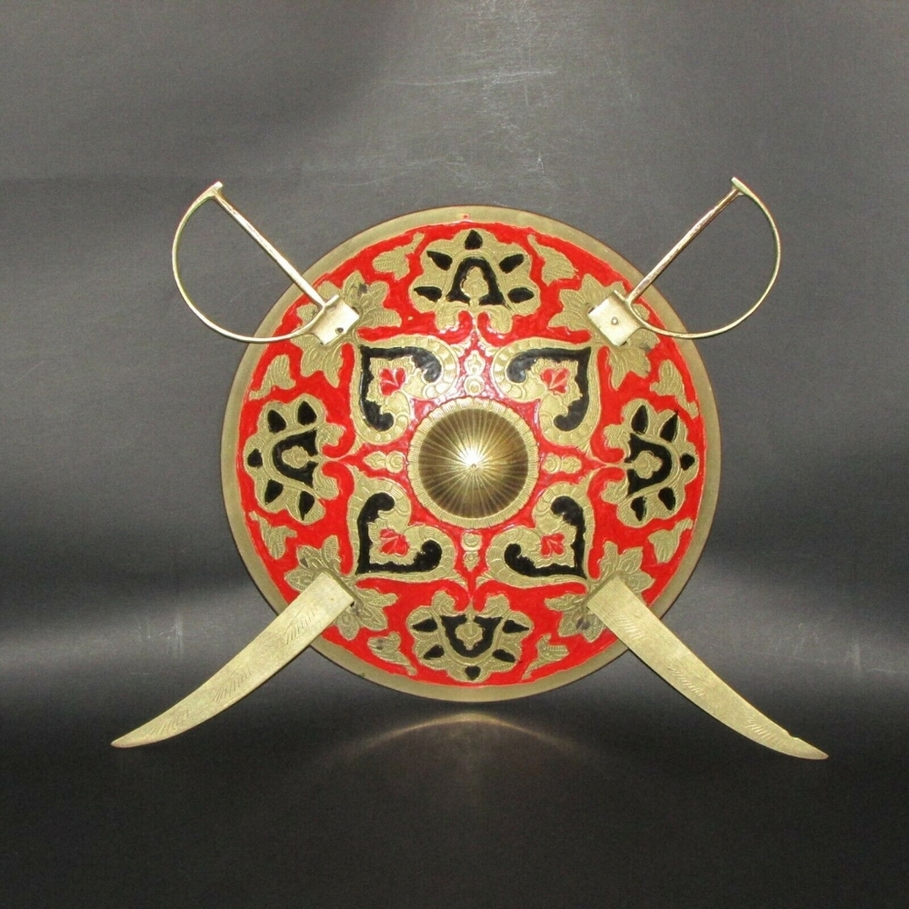 Vintage Brass Wall Plaque 3 pcs. Decorative Shield & Swords Hand Painted Decor